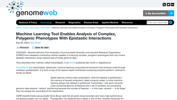 GenomeWeb: Machine Learning Tool Enables Analysis of Complex, Polygenic Phenotypes With Epistastic Interactions