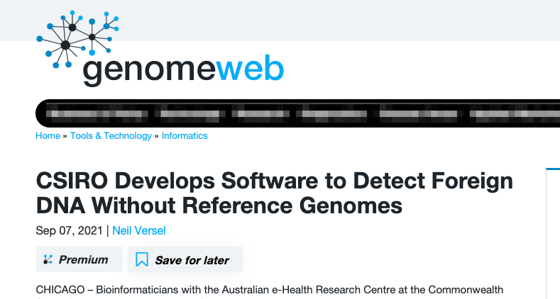 GenomeWeb: CSIRO Develops Software to Detect Foreign DNA Without Reference Genomes